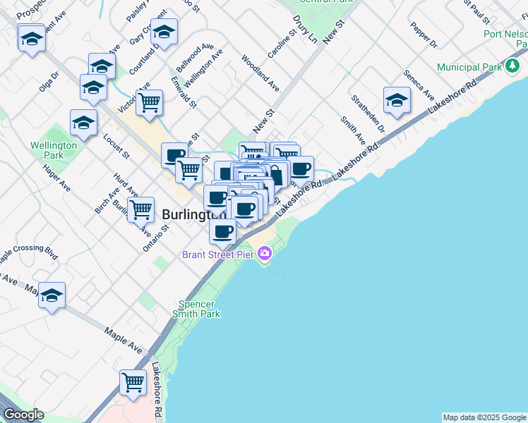 map of restaurants, bars, coffee shops, grocery stores, and more near 2037 Pine Street in Burlington