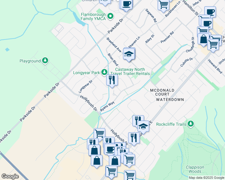map of restaurants, bars, coffee shops, grocery stores, and more near 75 Ryans Way in Hamilton