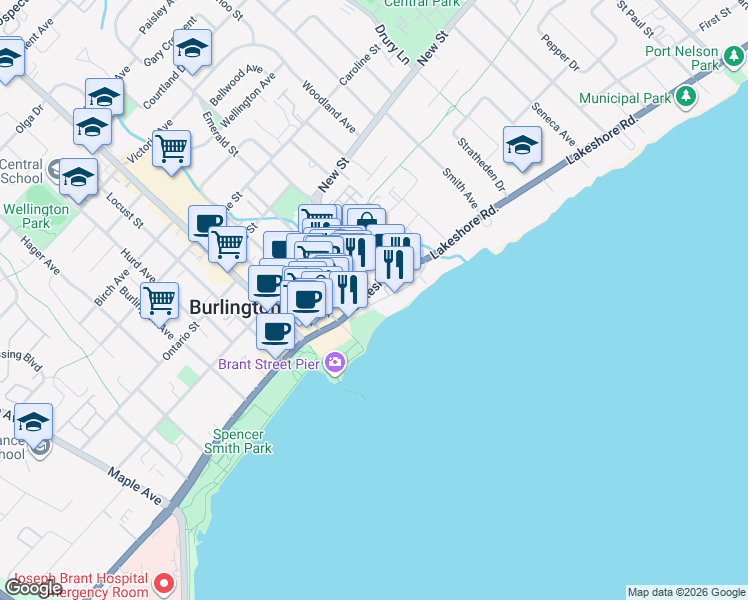 map of restaurants, bars, coffee shops, grocery stores, and more near in Burlington