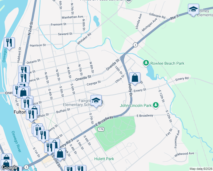 map of restaurants, bars, coffee shops, grocery stores, and more near 821 Utica Street in Fulton