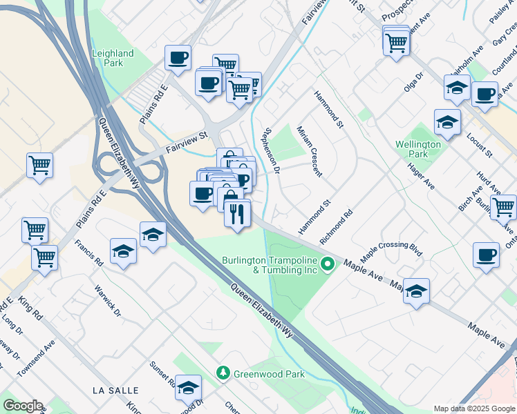 map of restaurants, bars, coffee shops, grocery stores, and more near 1220 Thorpe Road in Burlington
