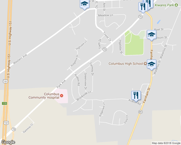 map of restaurants, bars, coffee shops, grocery stores, and more near 123 Parkview Circle in Columbus