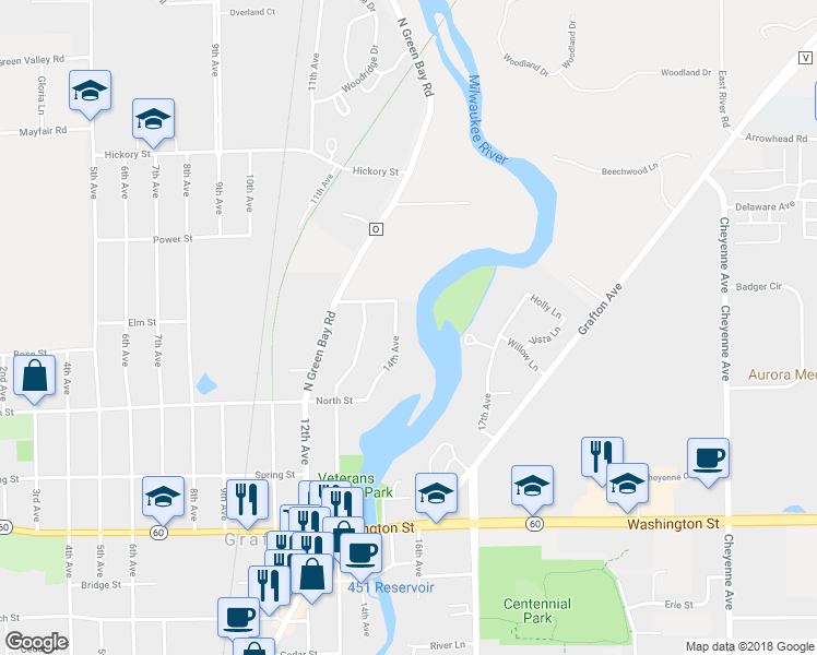 map of restaurants, bars, coffee shops, grocery stores, and more near 928 14th Avenue in Grafton