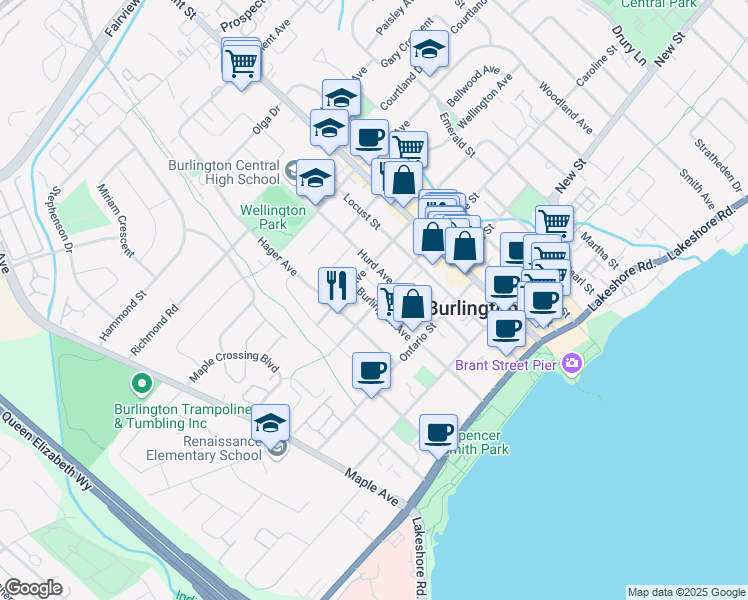 map of restaurants, bars, coffee shops, grocery stores, and more near 543 Burlington Avenue in Burlington