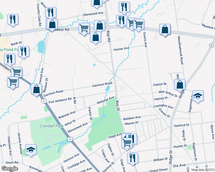 map of restaurants, bars, coffee shops, grocery stores, and more near 47 Garrison Road in Queensbury