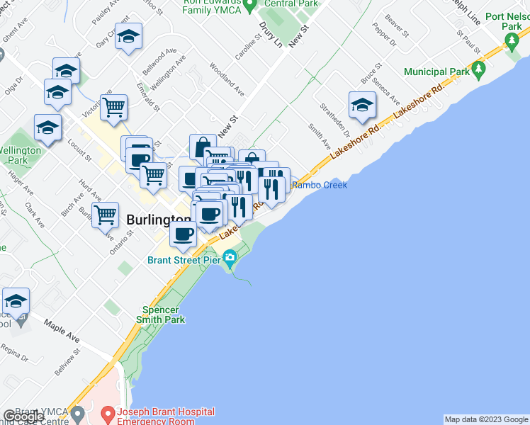 map of restaurants, bars, coffee shops, grocery stores, and more near 2084 Old Lakeshore Road in Burlington