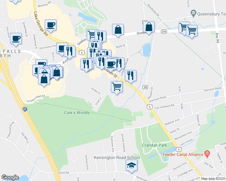 map of restaurants, bars, coffee shops, grocery stores, and more near 14 Foster Avenue in Queensbury