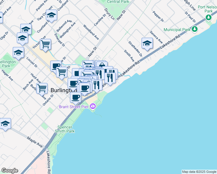 map of restaurants, bars, coffee shops, grocery stores, and more near 2083 Old Lakeshore Road in Burlington