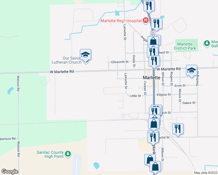 map of restaurants, bars, coffee shops, grocery stores, and more near 6678 Ervin Street in Marlette