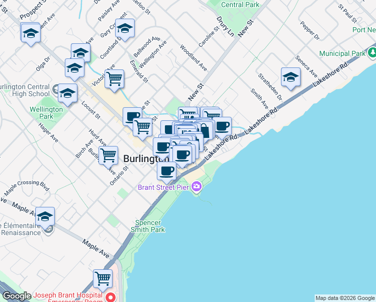 map of restaurants, bars, coffee shops, grocery stores, and more near 2037 Pine Street in Burlington