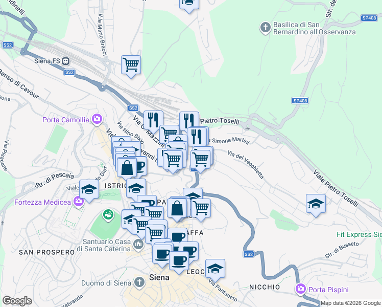 map of restaurants, bars, coffee shops, grocery stores, and more near 74 Via Simone Martini in Siena
