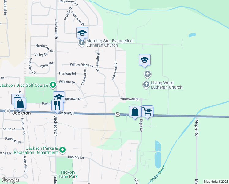 map of restaurants, bars, coffee shops, grocery stores, and more near W197N16925 Stonewall Drive in Jackson