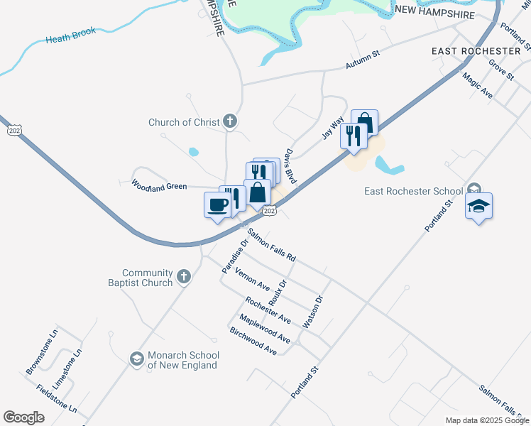 map of restaurants, bars, coffee shops, grocery stores, and more near 184 Highland Street in Rochester