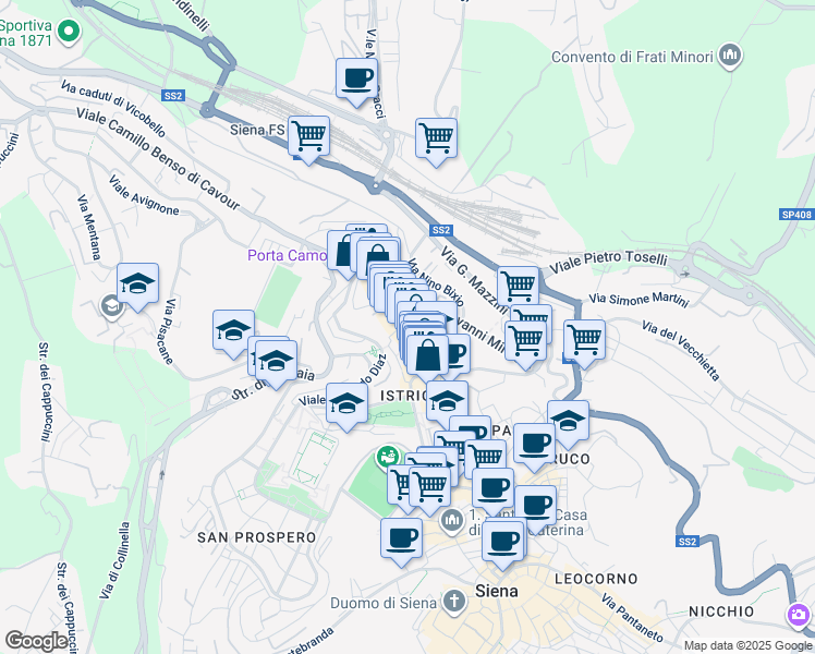 map of restaurants, bars, coffee shops, grocery stores, and more near 105 Via Camollia in Siena