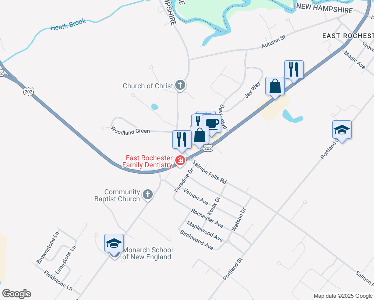 map of restaurants, bars, coffee shops, grocery stores, and more near 394 Salmon Falls Road in Rochester