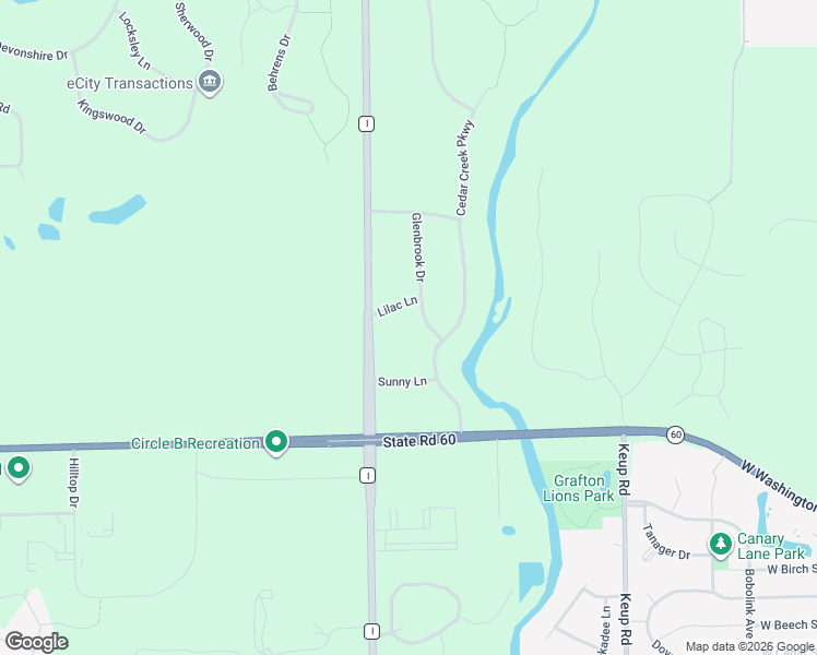map of restaurants, bars, coffee shops, grocery stores, and more near 5921 Lilac Lane in Grafton