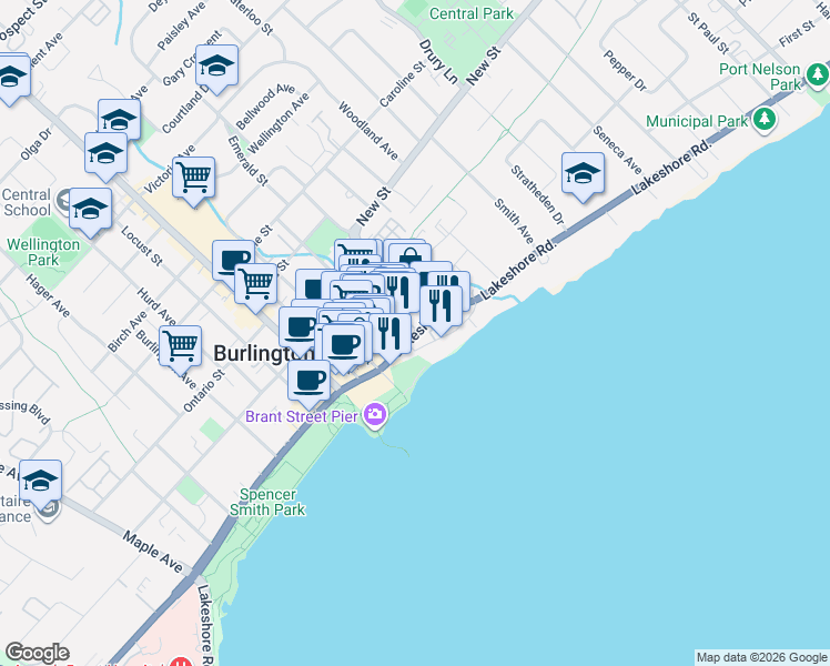 map of restaurants, bars, coffee shops, grocery stores, and more near 2075 Lakeshore Road in Burlington