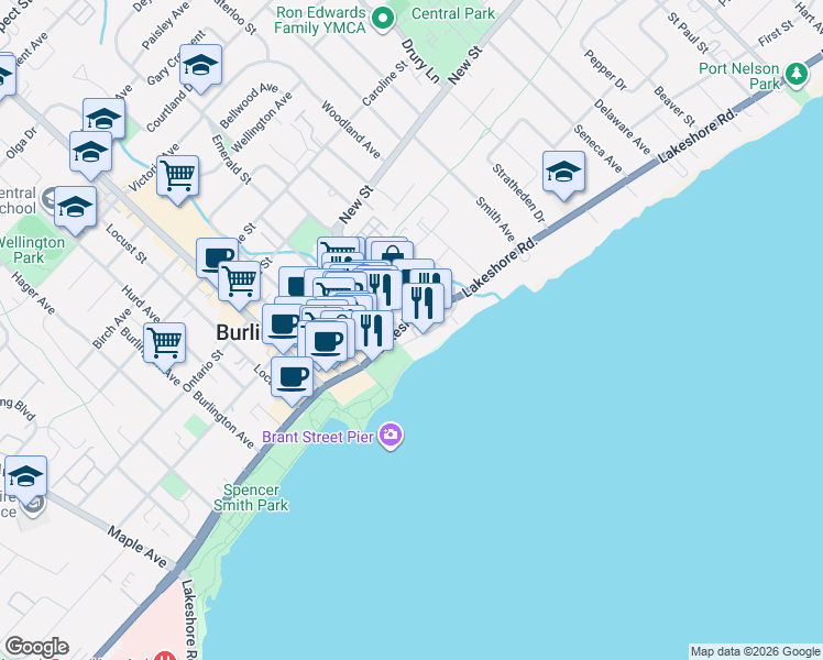 map of restaurants, bars, coffee shops, grocery stores, and more near in Burlington