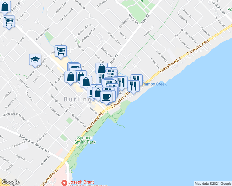 map of restaurants, bars, coffee shops, grocery stores, and more near 402 Pearl Street in Burlington