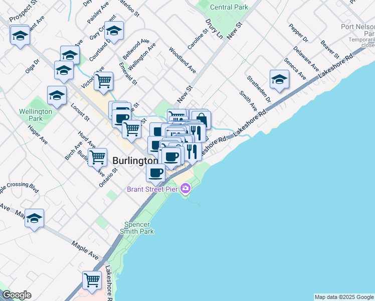 map of restaurants, bars, coffee shops, grocery stores, and more near 402 Pearl Street in Burlington