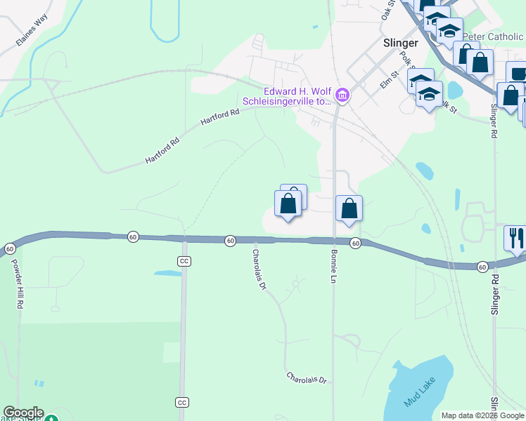 map of restaurants, bars, coffee shops, grocery stores, and more near 140 West Commerce Boulevard in Slinger