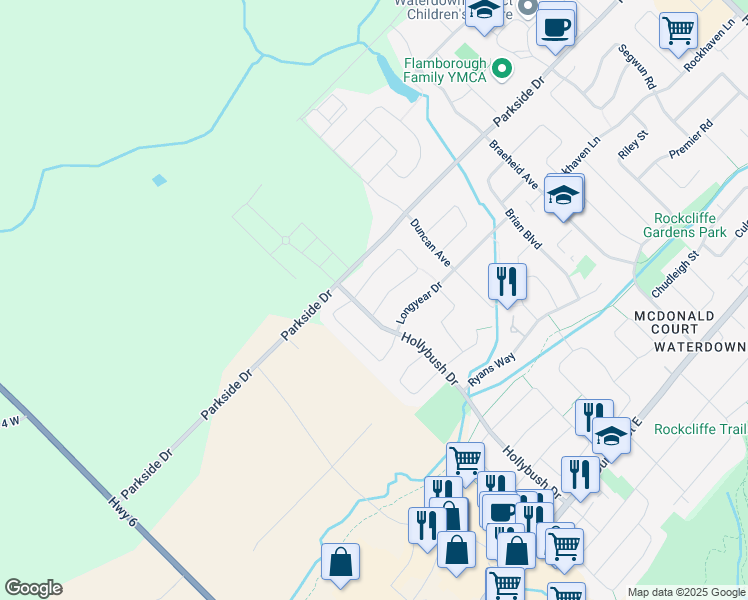 map of restaurants, bars, coffee shops, grocery stores, and more near 92 Strathroy Crescent in Hamilton