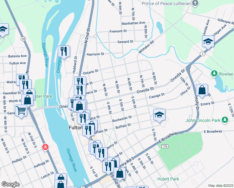 map of restaurants, bars, coffee shops, grocery stores, and more near 421 Oneida St in Fulton