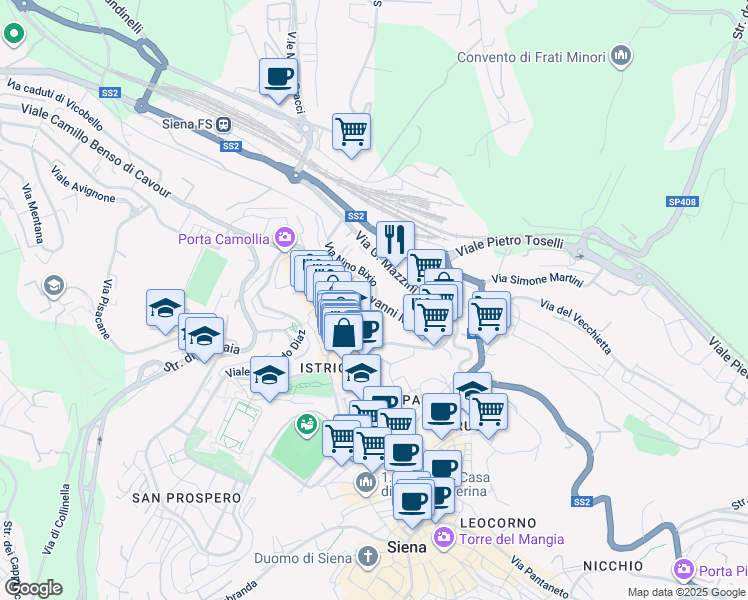 map of restaurants, bars, coffee shops, grocery stores, and more near Viale Don Giovanni Minzoni in Siena