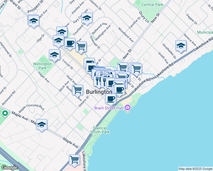 map of restaurants, bars, coffee shops, grocery stores, and more near in Burlington