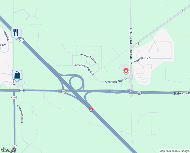 map of restaurants, bars, coffee shops, grocery stores, and more near 1900 American Eagle Drive in Slinger