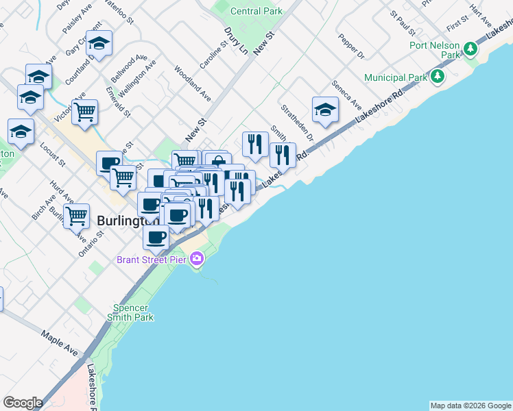 map of restaurants, bars, coffee shops, grocery stores, and more near 2104 Old Lakeshore Road in Burlington