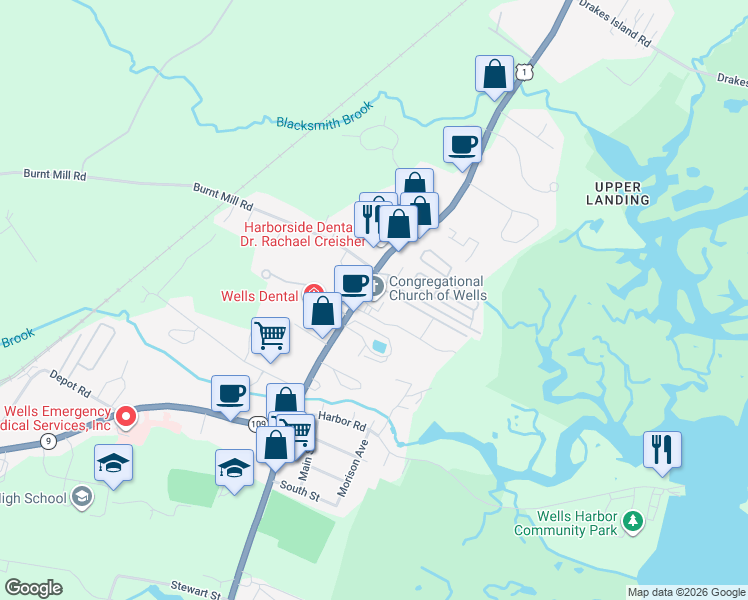 map of restaurants, bars, coffee shops, grocery stores, and more near 1695 Post Road in Wells