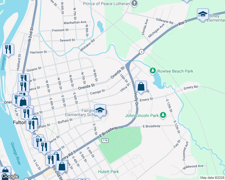 map of restaurants, bars, coffee shops, grocery stores, and more near 884 Cayuga Street in Fulton