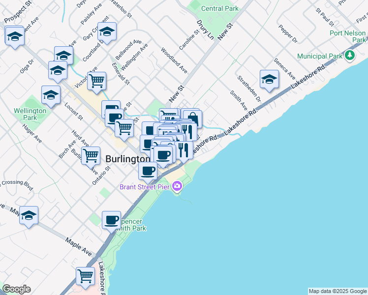 map of restaurants, bars, coffee shops, grocery stores, and more near Pearl Street in Burlington