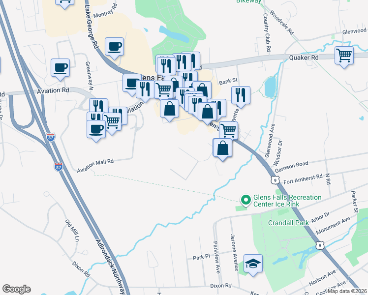 map of restaurants, bars, coffee shops, grocery stores, and more near 14 Rudley Drive in Queensbury