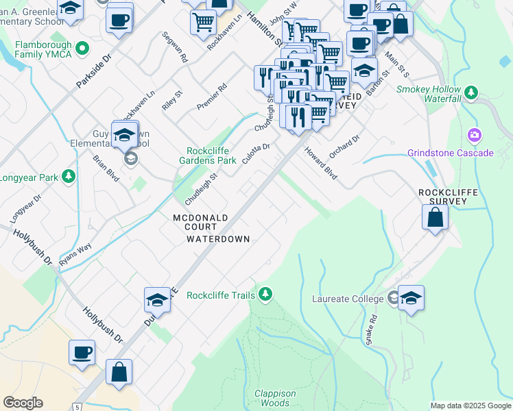 map of restaurants, bars, coffee shops, grocery stores, and more near 210 Dundas Street East in Hamilton