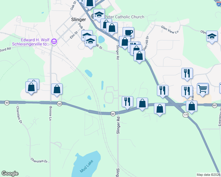 map of restaurants, bars, coffee shops, grocery stores, and more near 405 Slinger Road in Slinger