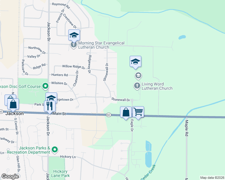 map of restaurants, bars, coffee shops, grocery stores, and more near W197N16892 Stonewall Drive in Jackson