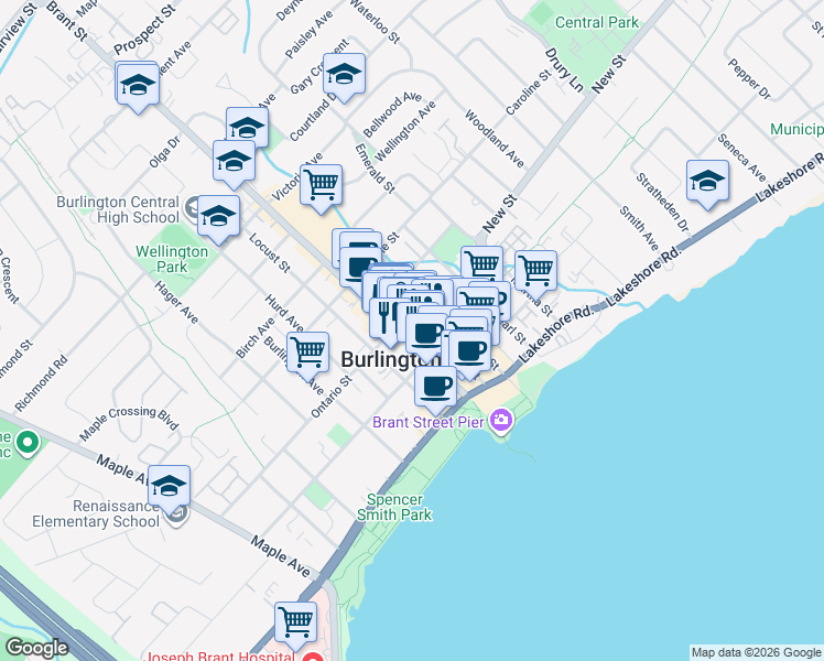 map of restaurants, bars, coffee shops, grocery stores, and more near 421 Brant Street in Burlington