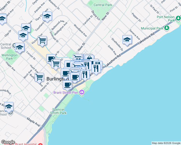 map of restaurants, bars, coffee shops, grocery stores, and more near 2079 Lakeshore Road in Burlington