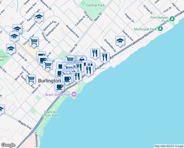 map of restaurants, bars, coffee shops, grocery stores, and more near 2101 Old Lakeshore Road in Burlington