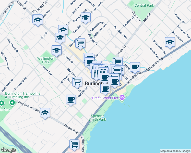 map of restaurants, bars, coffee shops, grocery stores, and more near in Burlington