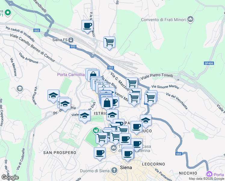 map of restaurants, bars, coffee shops, grocery stores, and more near 16-23 Via Pignatello in Siena