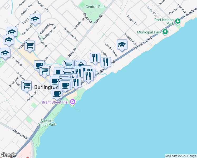 map of restaurants, bars, coffee shops, grocery stores, and more near 2122 Old Lakeshore Road in Burlington