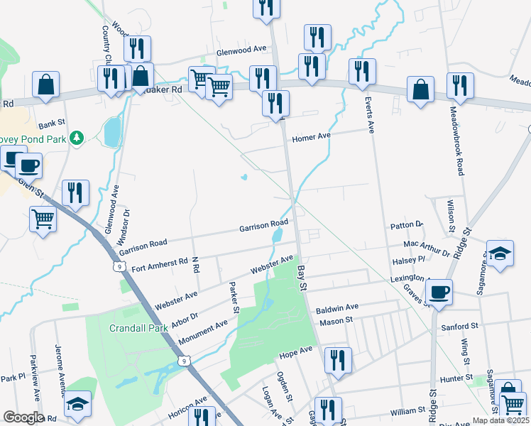 map of restaurants, bars, coffee shops, grocery stores, and more near 47 Garrison Road in Queensbury