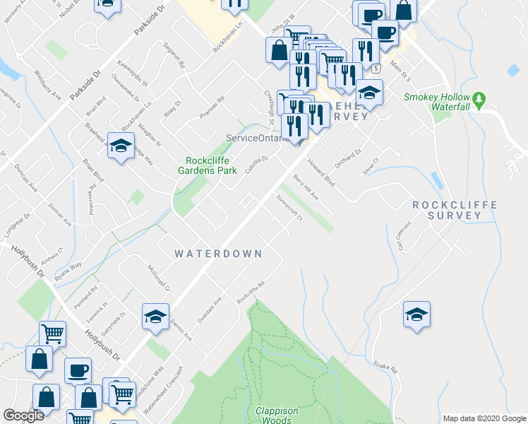 map of restaurants, bars, coffee shops, grocery stores, and more near 8 Goldenview Court in Hamilton