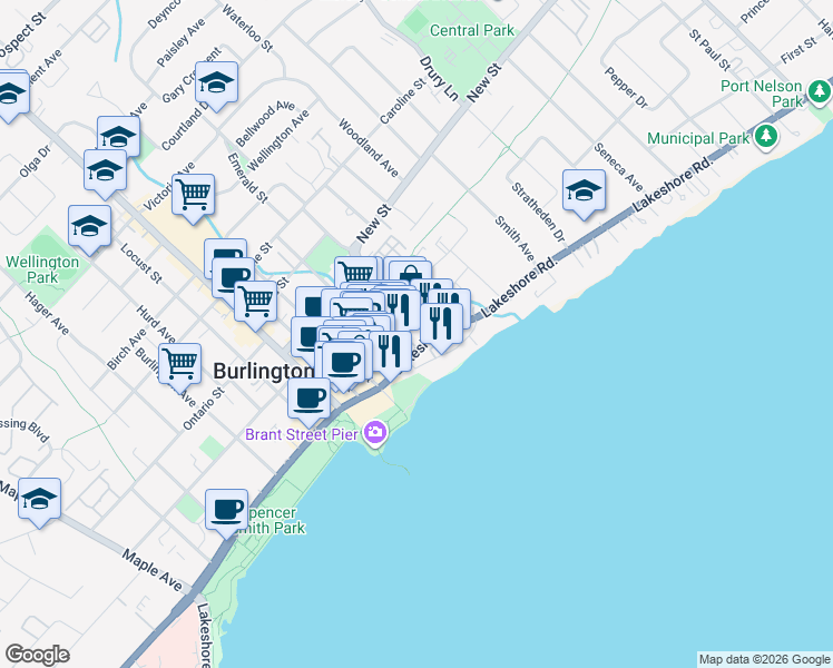 map of restaurants, bars, coffee shops, grocery stores, and more near in Burlington