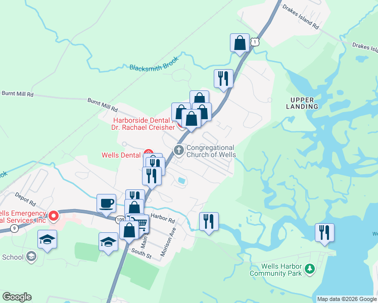 map of restaurants, bars, coffee shops, grocery stores, and more near 1695 Post Road in Wells