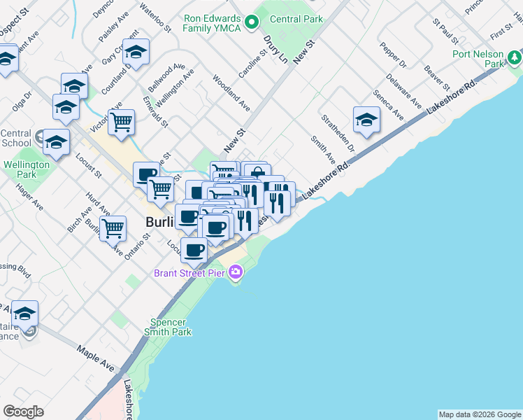 map of restaurants, bars, coffee shops, grocery stores, and more near 370 Martha Street in Burlington