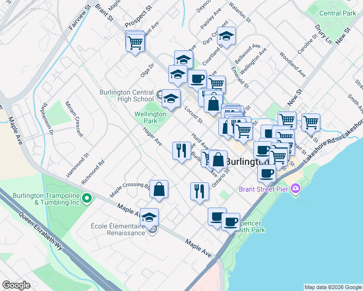 map of restaurants, bars, coffee shops, grocery stores, and more near 1390 Halifax Place in Burlington